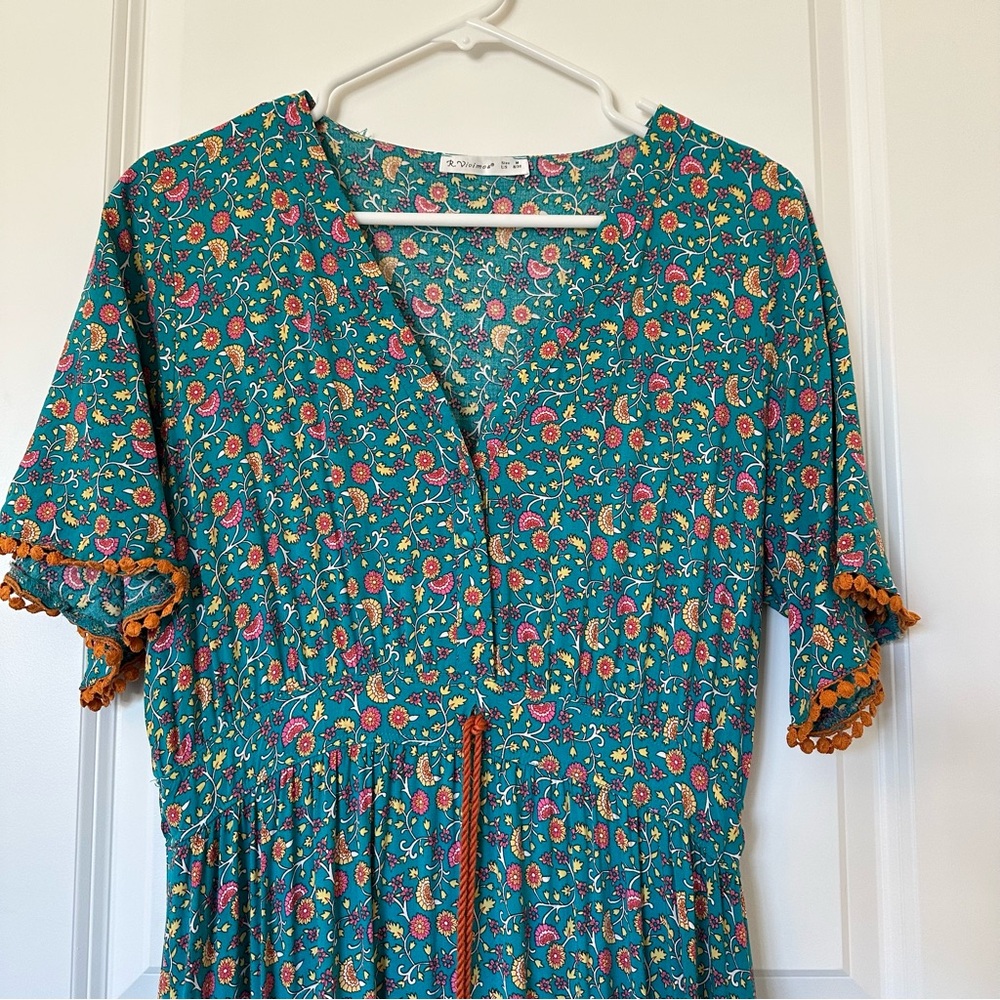 Cotton Boho Floral Maxi Dress | Tassel Tie Waist | Size Medium - Picture 3 of 12